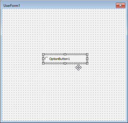 Screenshot of a UserForm1 to move the mouse pointer over the selection border of a control button and then click and drag the selected control.
