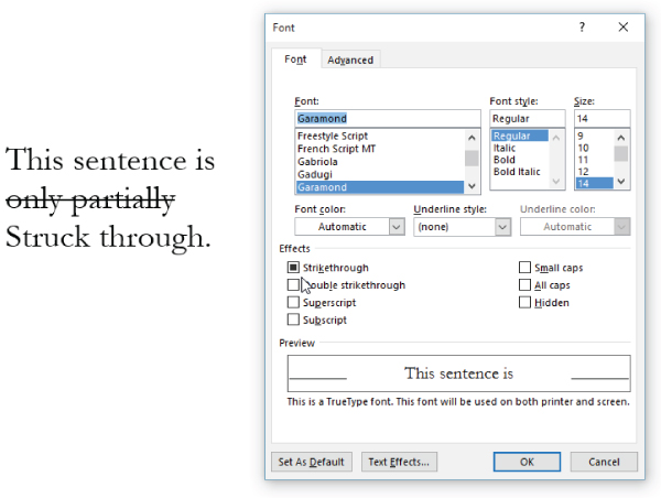 Screenshot displaying the font page to select some text where part of it is struck through but other characters are not struck.