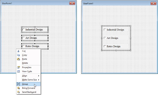 Screenshots of UserForm1 where VBA creates a new group containing the controls and places a shaded border with handles around the whole group, as displayed on the right.