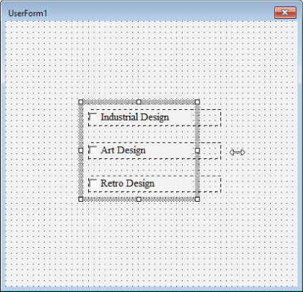 Screenshot of UserForm1 where the user can resize all the controls in a group by dragging a sizing handle on the surrounding border.