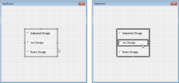 Screenshots of UserForm1 enabling to work with one control in a group, by selecting the group (as depicted on the left) and then select the control (as depicted on the right).