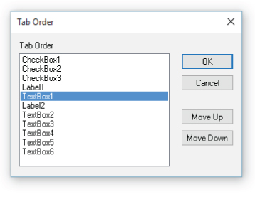 Screenshot of the Tab Order dialog box to arrange the controls in the user form or frame into a logical order.