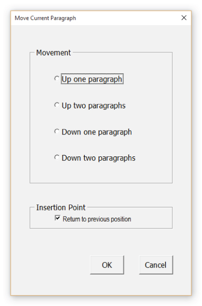 Screenshot of the Move Current Paragraph dialog box that enables to connect to the Move_Paragraph macro and to select an Insertion Point.