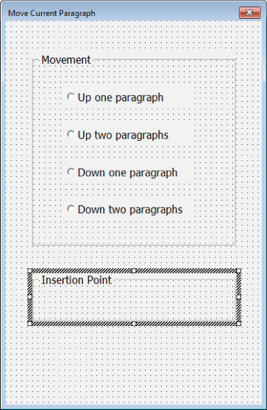 Screenshot of the Move Current Paragraph dialog box that enables to start by placing two frames in the user form.