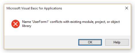Screenshot of a message box displaying an error message: “Name  conflicts with existing module, project, or object library” error.