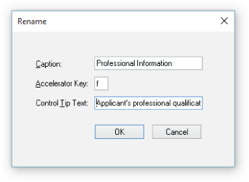 Screenshot of the  Rename dialog box to set the caption, accelerator key, and control-tip text for a page.