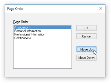 Screenshot of the Move Up and Move Down buttons in the Page Order dialog box to change the order of pages in a MultiPage control.