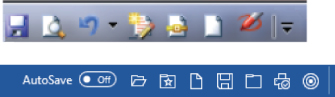 Screenshots of toolbars to compare the photo-realistic icons of Office 2016 (top) to the new, stripped-down 2019 versions (bottom).