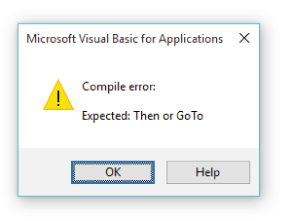 Screenshot of a message box of the Microsoft Visual Basic Application Editor that helps debug a code by identifying many compile errors.