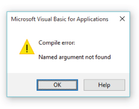 Screenshot of a message box of the Microsoft Visual Basic Application Editor that helps identify an error only when the user tries to run the code.