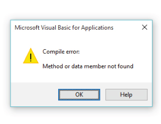 Screenshot of a message box of the Microsoft Visual Basic Application Editor displaying the  “Method or data member not found” error.