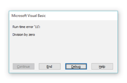 Screenshot of a message box of the Microsoft Visual Basic Application displaying an unhandled runtime error.