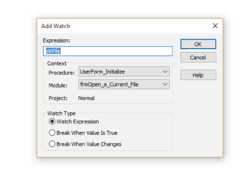 Screenshot of the Add Watch dialog box to specify the watch expression that the user wants to add.