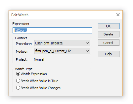 Screenshot of the Edit Watch dialog box where the user can edit watch expressions.