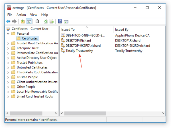 Screenshot of the Microsoft Windows Certificates dialog box to manage digital certificates, which is totally trustworthy.