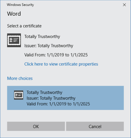 Screenshot of the Windows Security dialog box to confirm your choice of certificate with which to sign the macro project.