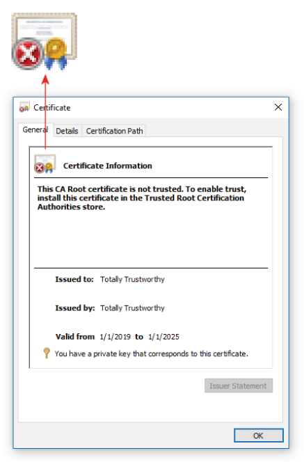 Screenshot of the Certificate Details dialog box to examine the properties of a certificate.