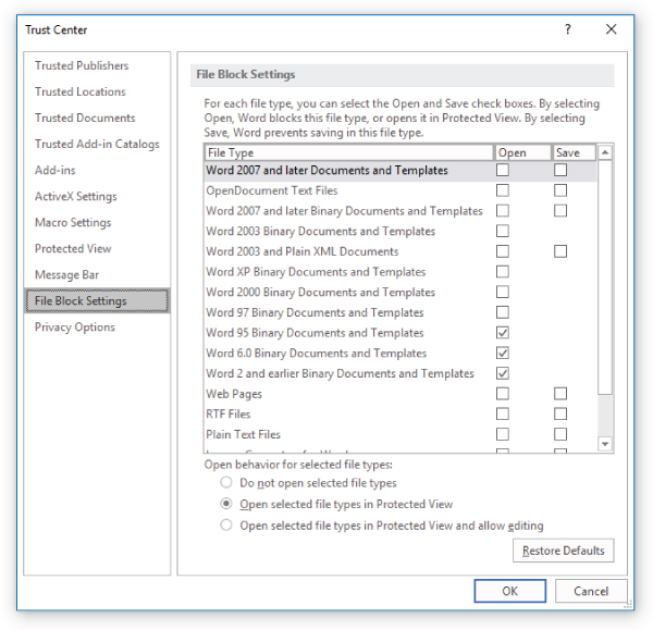 Screenshot of the File Block Settings to specify what types of documents that the user wants blocked or sandboxed.