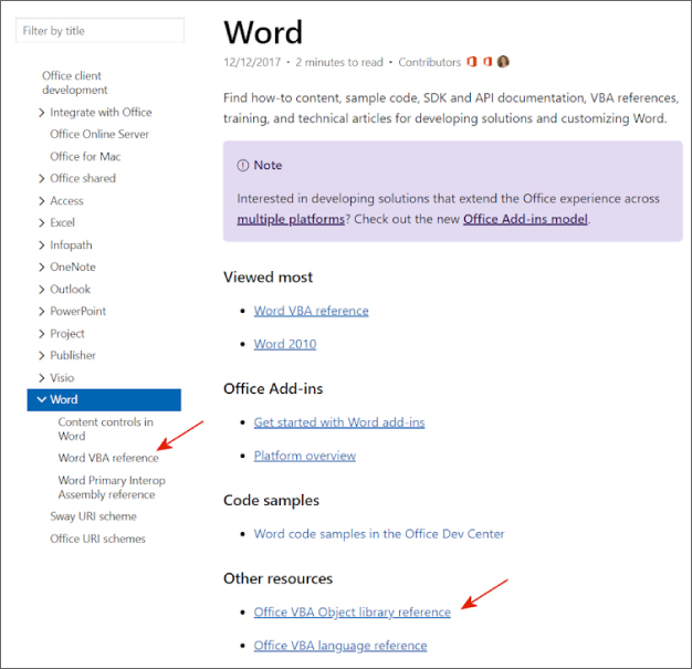 Screenshot of the Word Help website to find how-to content, sample code, SDK and API documentation, VBA references, training, and technical articles for developing solutions and customizing Word.