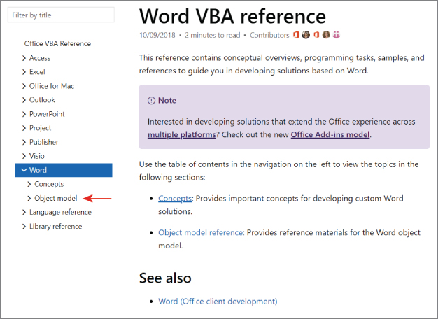 Screenshot of the Word VBA Reference page to use the table of contents in the navigation (left) to view the topics in the Word Help site.