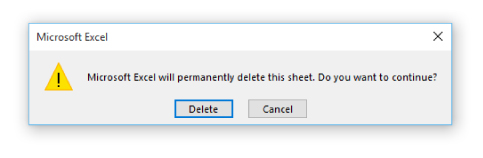 Screenshot of a warning dialog box displayed by Excel when deleting a worksheet by hand.