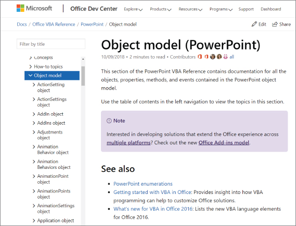 Screenshot displaying a list of entries in the PowerPoint object-model reference that will help the user write their own VBA code.