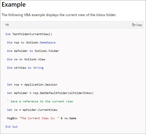 Screenshot of a VBA example displaying a sample code found in the Outlook object-model reference that will help the user write their own VBA code.