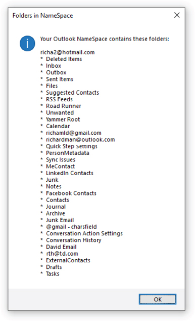 Screenshot displaying a list of folders contained in the NameSpace object to select from.