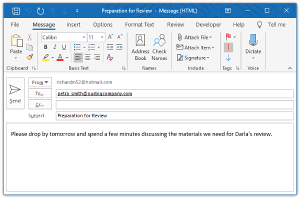 Screenshot of the Preparation for Review - Message (HTML) page to create a message of high importance in the textbox provided.