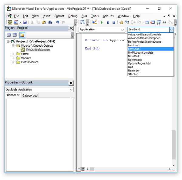 Screenshot of the Microsoft Visual Basic Applications Editor displaying a drop-down list on the right depicting all the events available in the Application object.