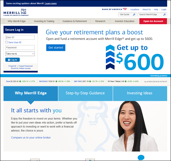 Screenshot of the Bank of America’s Merrill Edge page that aims to win over investors looking for a bank and broker.