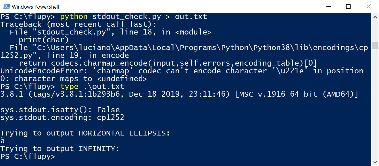 Screen capture of `stdout_check.py` on PowerShell, redirecting output
