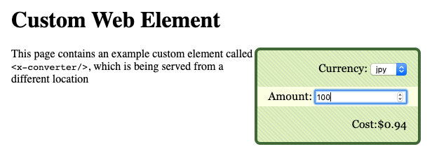 The custom element embedded in a static page