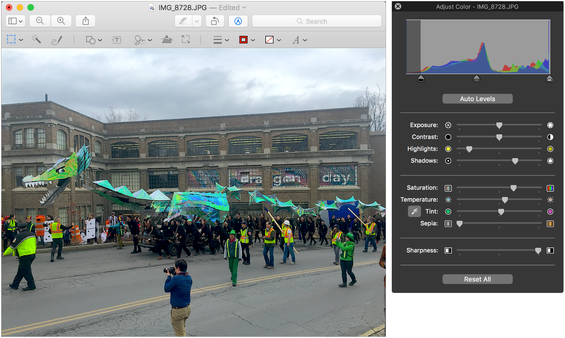 Figure 64: By using Preview’s color and lighting controls, we were able to improve this photo significantly. Note how we’ve moved the Adjust Color window’s sliders from their default positions.