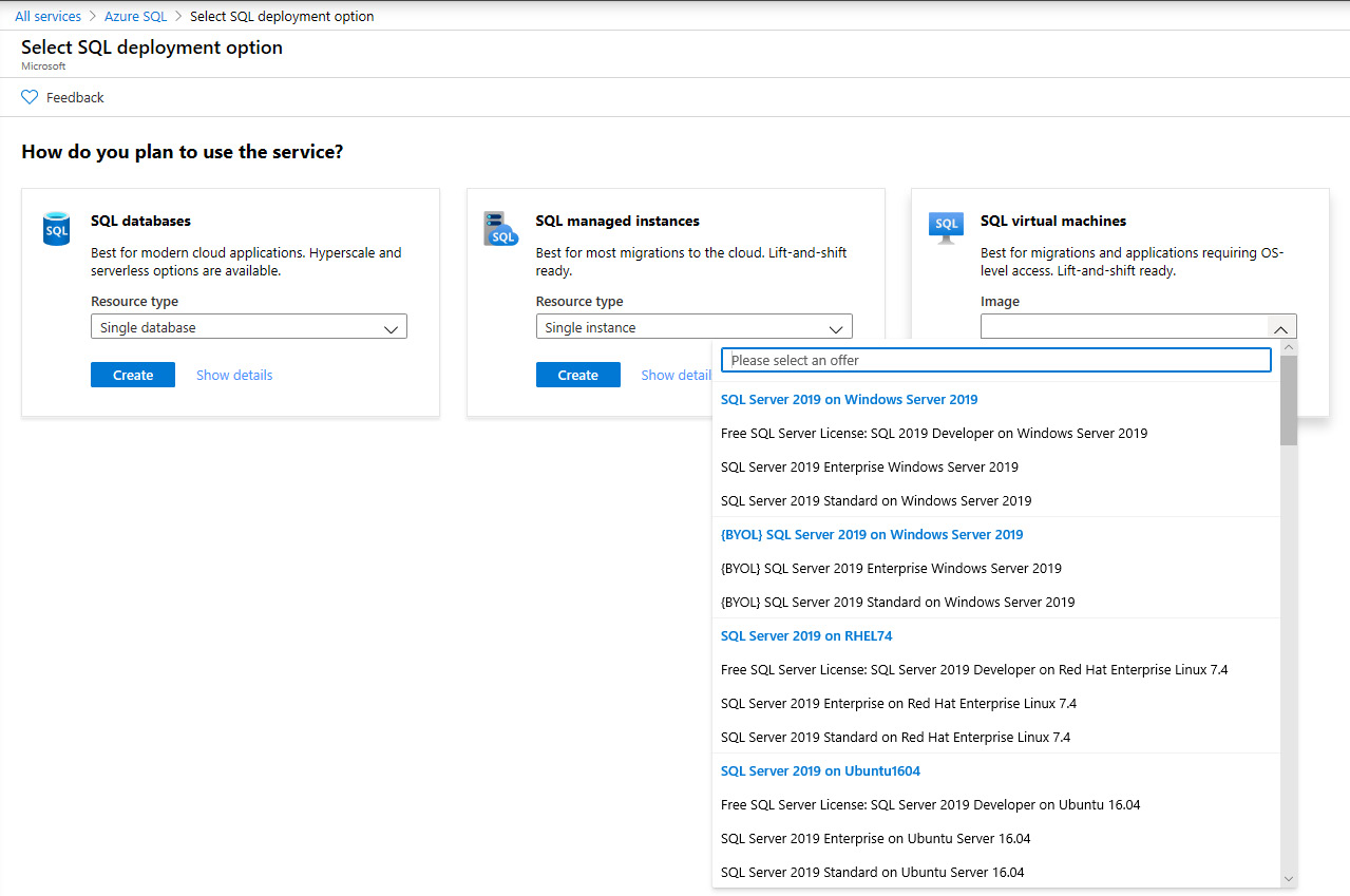 Selecting a Windows Server–based SQL Server image in Azure Marketplace