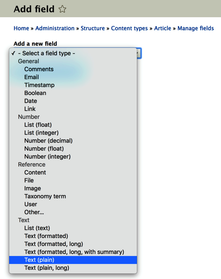 Figure 6.3: Selecting a field type
