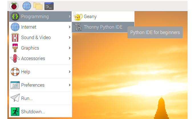 Figure 3.2 – The Thonny and Geany Python IDEs in the Raspbian menu
