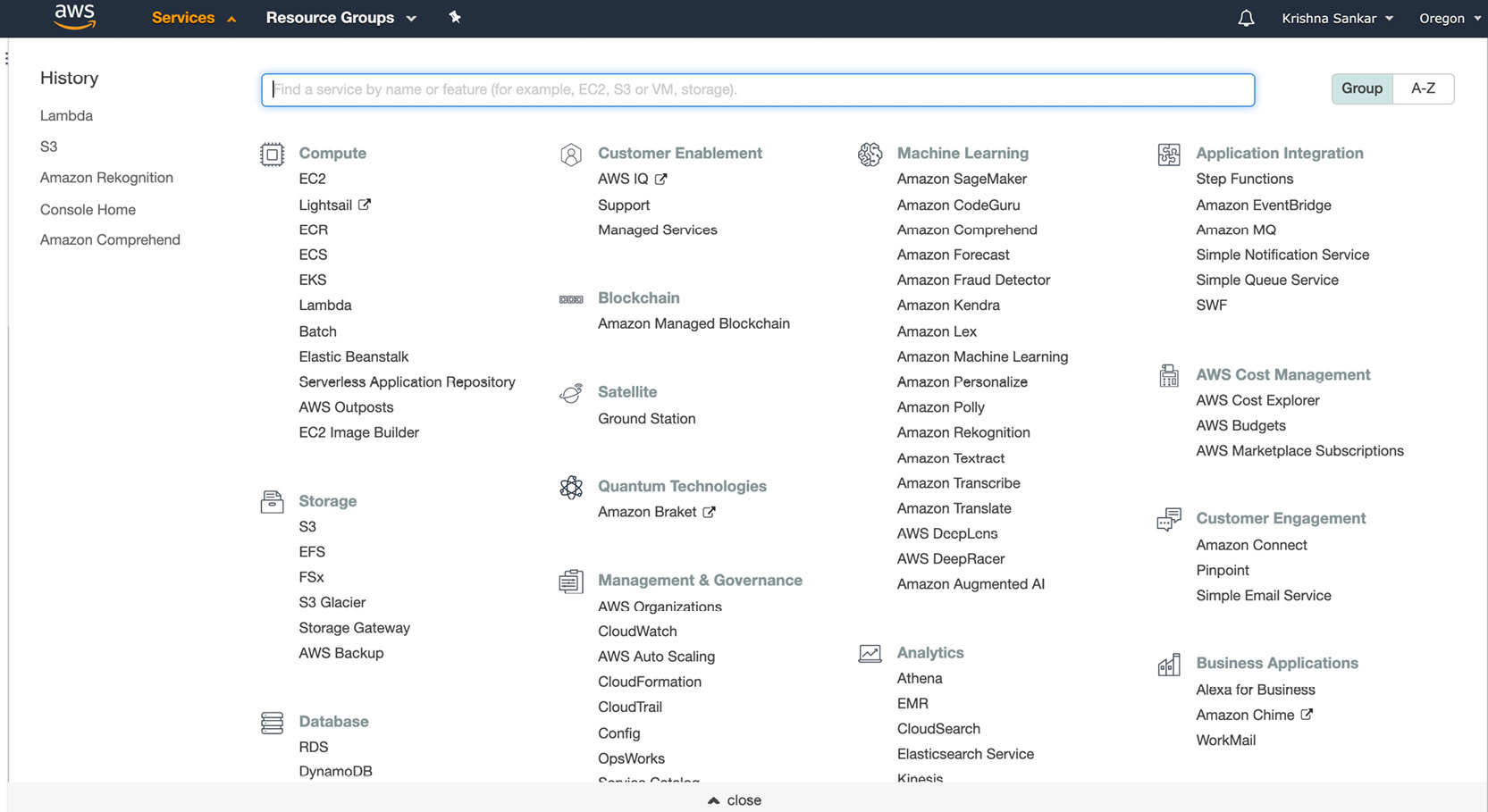 Figure 2.40: AWS Services from the AWS Management Console
