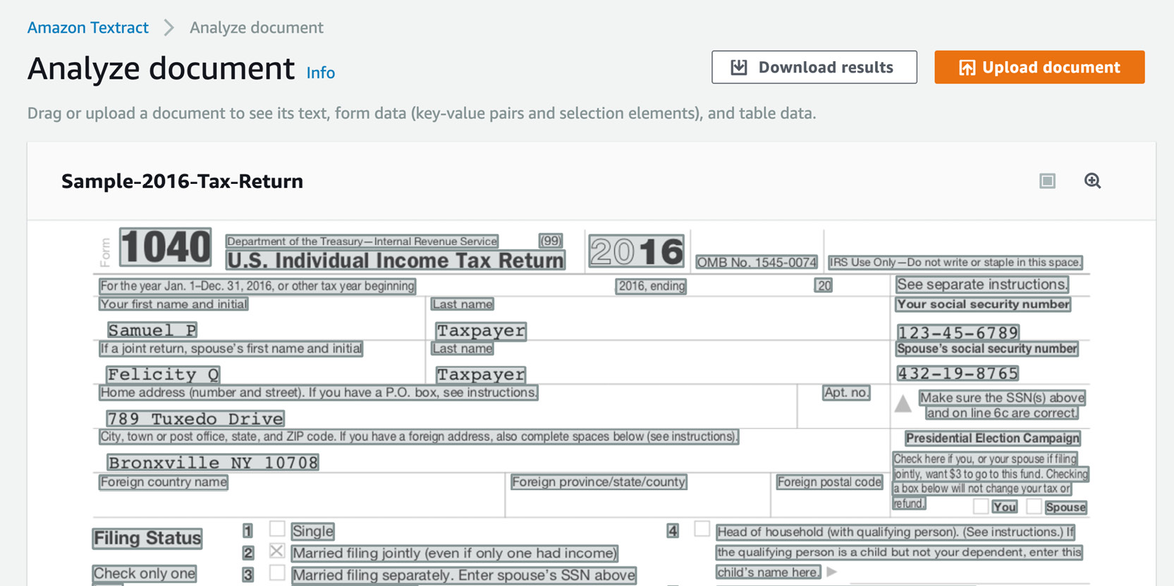 Figure 2.50: Amazon Textract Analyze document screen with the sample tax form
