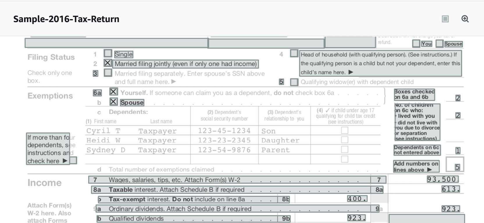 Figure 2.51: Amazon Textract Analyze document screen with the sample tax document form
