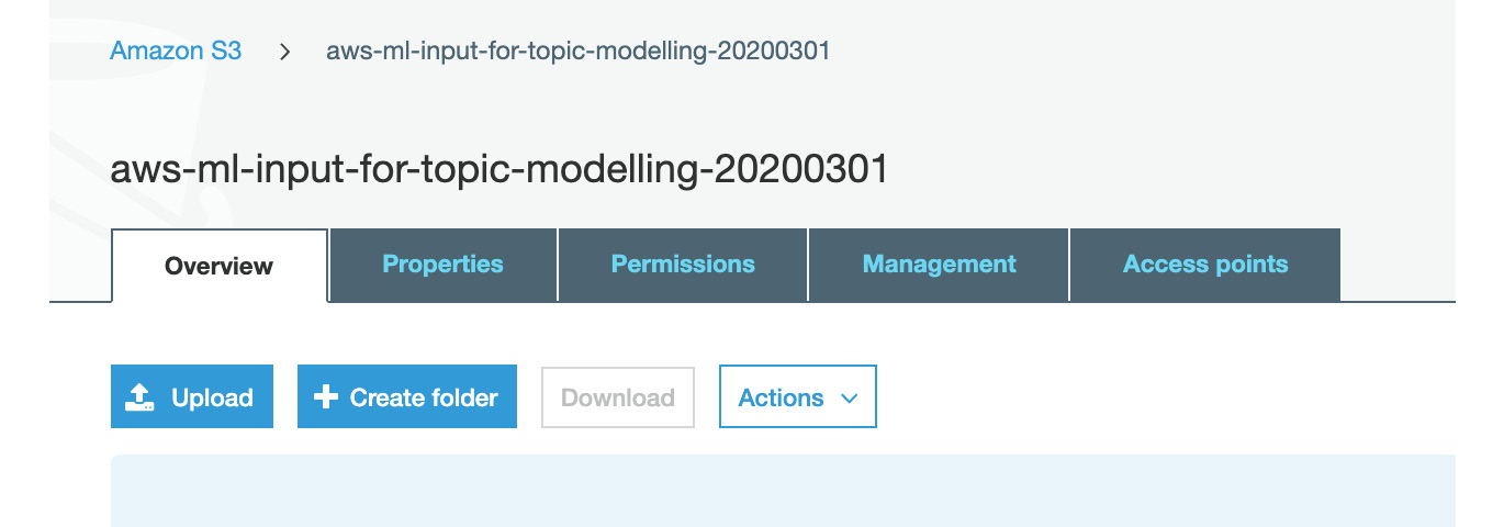 Figure 3.9: Creating a folder in S3 for Topic modeling input
