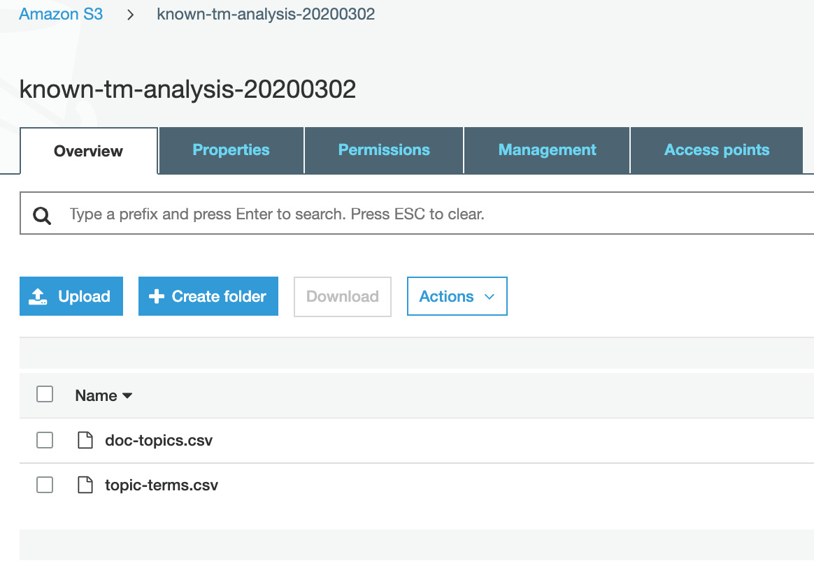 Figure 3.49: Topic Modeling results uploaded to S3
