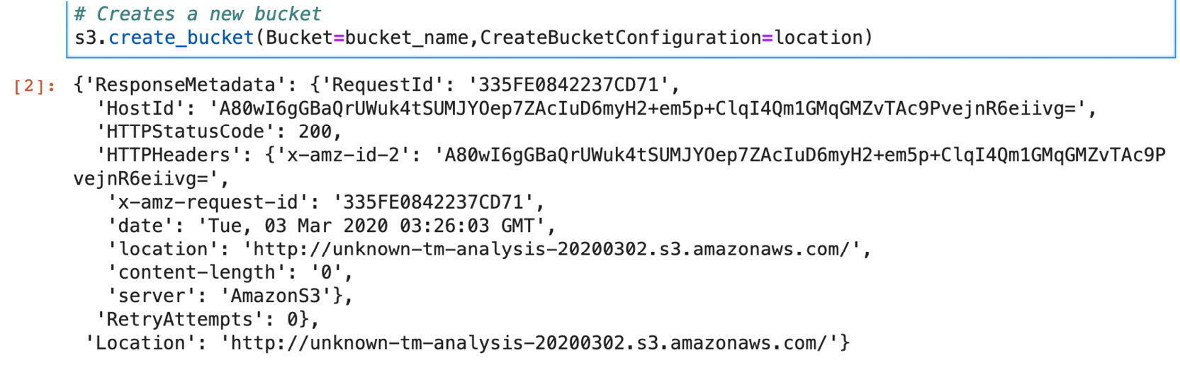 Figure 3.78: Output from the S3 Create bucket call
