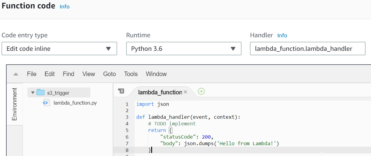 Figure 5.52: AWS Lambda—the default lambda_function screen

