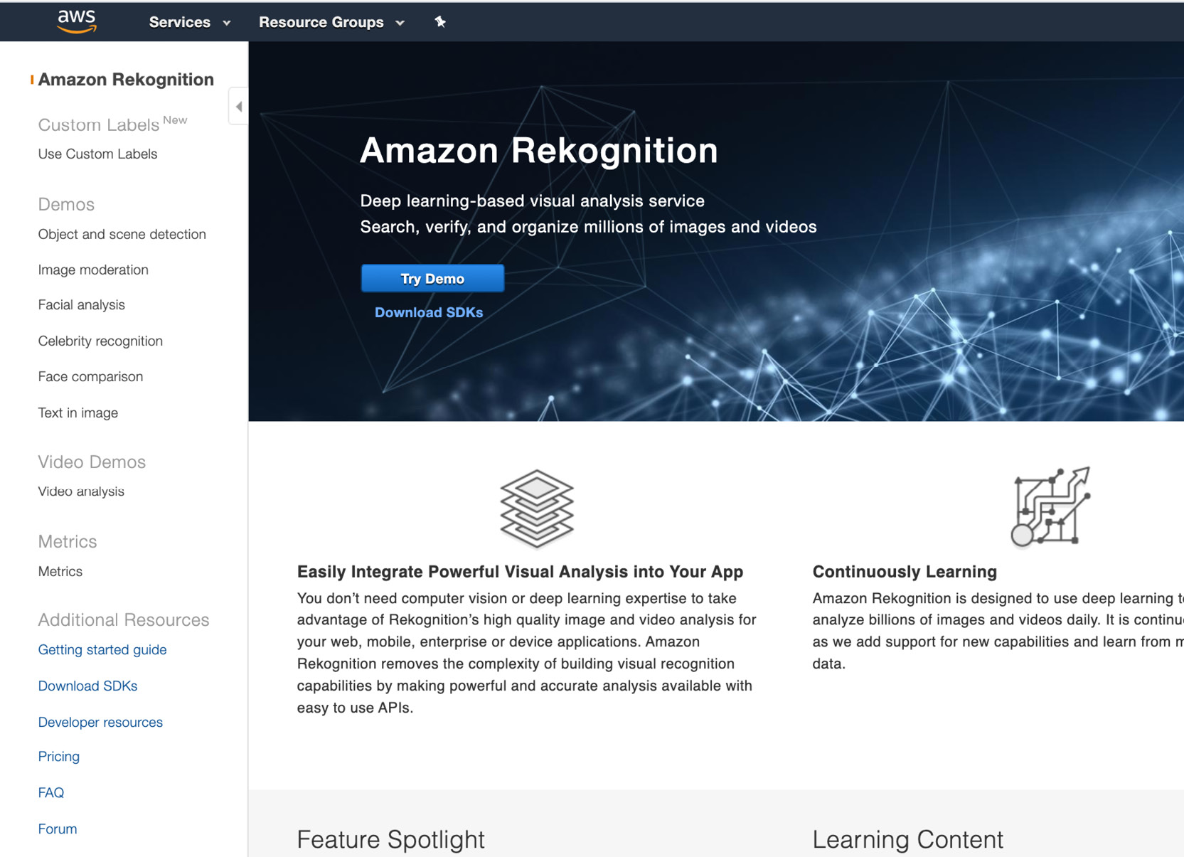 Figure 6.3: Amazon Rekognition service page
