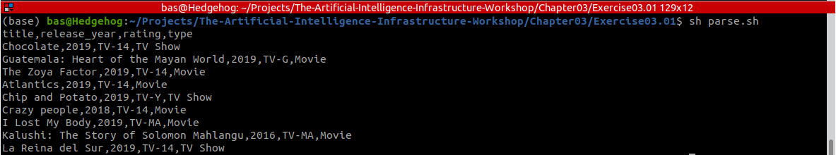 Figure 3.7: Output of the parse command that displays the top 10 Netflix titles and creates an output file
