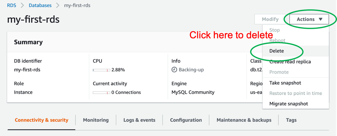 Figure 10.33: Deleting our RDS instance
