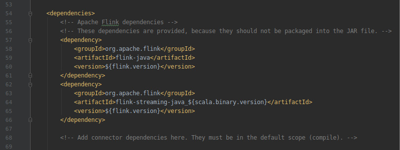 Figure 12.36: The pom.xml file with provided tags removed for Flink dependencies
