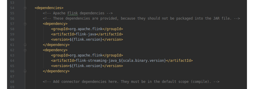 Figure 12.57: The pom.xml file with the provided tags removed for Flink dependencies
