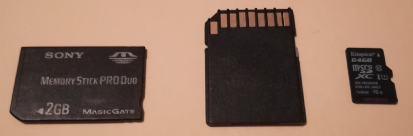 Figure 3.3 – Sony Pro Duo, SD, and micro-SD cards
